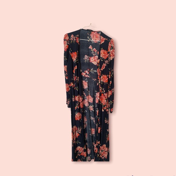 Floral print kimono robe - navy blue with flower design - Picture 2 of 2